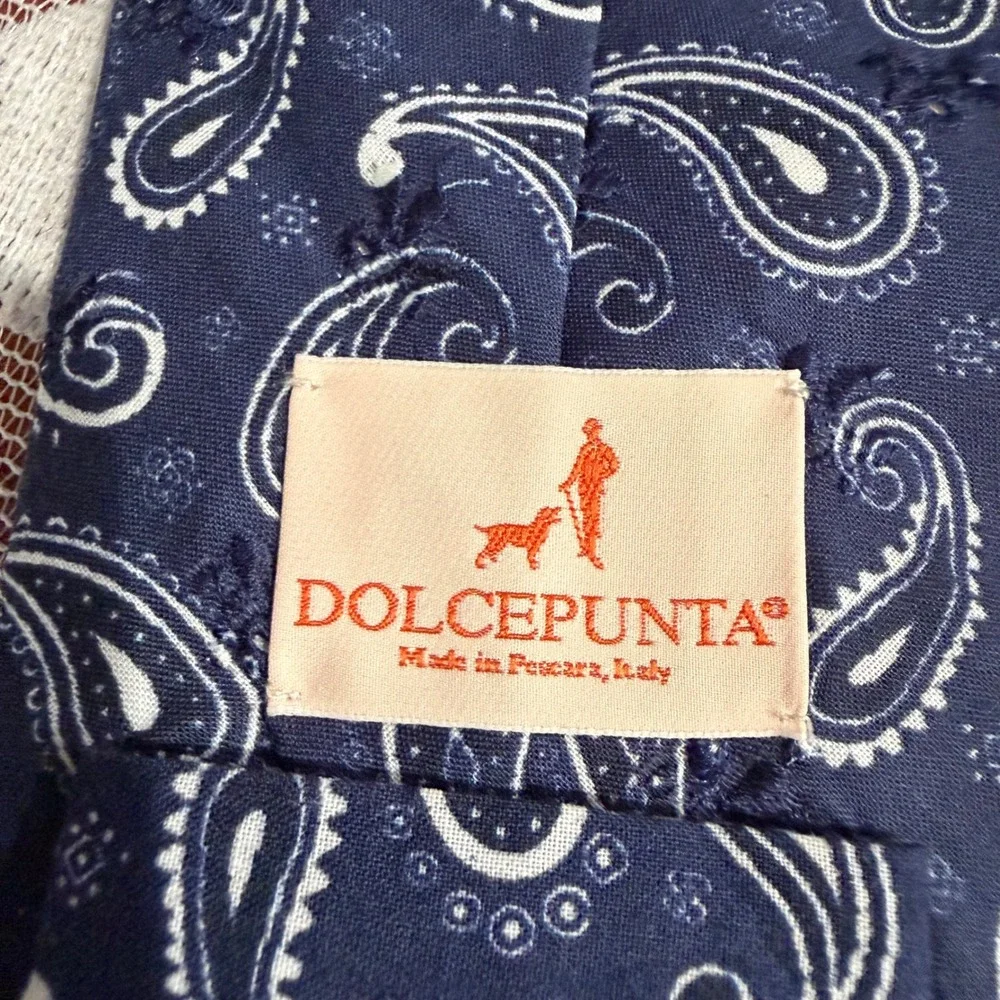 NWT Dolcepunta Necktie Mens OS Navy Blue Excellent Paisley Eyelet Cotton Italy